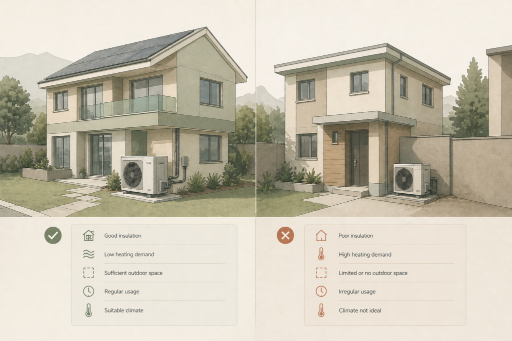 Two similar houses with different insulation, layout, and climate conditions, one suitable for efficient heat pump operation and one not